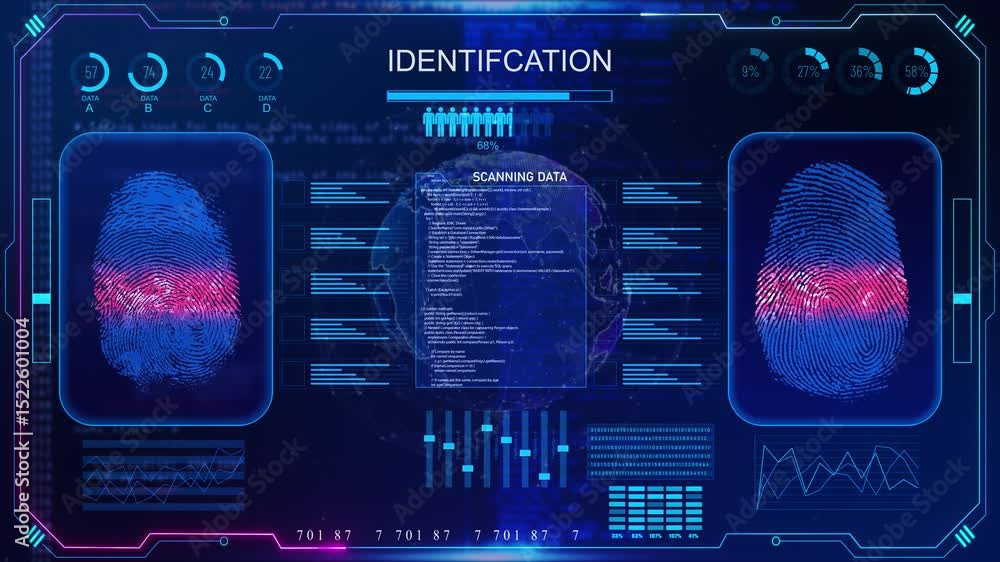 Poster fingerprint scanning process futuristic flight digital security scanning of digital programs and fin