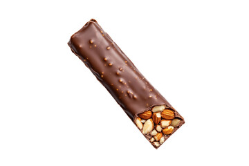Chocolate Almond Delight: A close-up view of a single, enticing chocolate bar reveals a medley of nuts and creamy, rich chocolate. A tasty energy bar, perfect for a quick snack or indulgent treat.