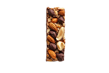 Granola Bar with Nuts and Chocolate: A delicious granola bar, generously topped with almonds, peanuts, and chocolate chips, providing a wholesome and satisfying snack.