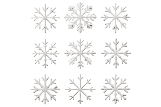 Snowflake Patterns in Detail: A symmetrical array of delicate snowflakes, meticulously captured in high detail, offering a captivating glimpse into the ephemeral beauty of winter.