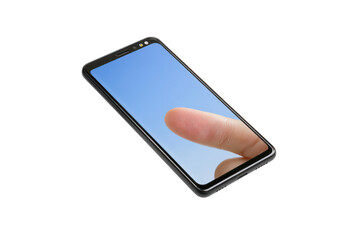 Touchscreen Interaction: A close-up shot of a human finger interacting with the clear screen of a sleek smartphone, against a vivid blue sky reflection.