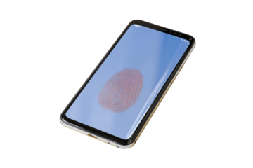 Smartphone Biometric Authentication: A sleek, modern smartphone showcasing a biometric fingerprint authentication on its screen. Emphasizing security, technology, and digital identity.