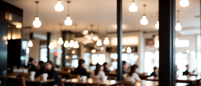 Blurred view of people sitting at tables inside a cafe or restaurant with a cozy ambiance, modern furnishings, and soft warm lighting in a relaxed urban setting.