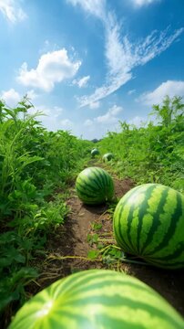 Abundance of Watermelons Growing in a Field Under a Bright Blue Sky with White Clouds on a Sunny Day at Ground Level Perspective