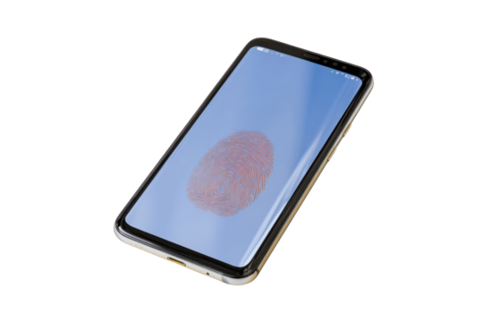 Smartphone Biometric Authentication: A sleek, modern smartphone showcasing a biometric fingerprint authentication on its screen. Emphasizing security, technology, and digital identity.