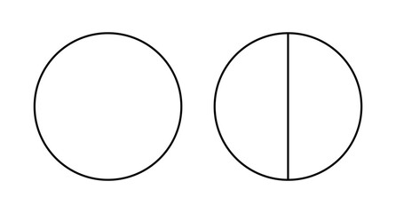 Black line chart. Pie, pizza, rounded shape, shape cut in 2 equal slices. Divided circle in two segments. Outline style. 
