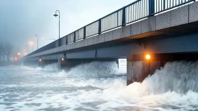 Flooded river water surges beneath a concrete bridge as streetlights glow in misty, overcast conditions.
