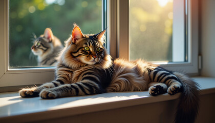 Maine Coon cat lounging on windowsill in sunlight with reflection  
