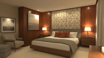 A sleek and modern bedroom with neutral furniture, an accent wall with geometric designs, and rich wood finishes