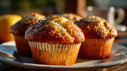 Moist lemon poppy seed muffins on white plate in warm sunlight