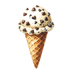 Watercolor painting of a single scoop of vanilla chocolate chip ice cream in a golden waffle cone.