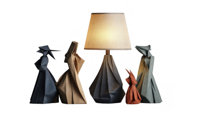 Four colorful origami figures standing beside a stylish origami table lamp, illuminating the scene with warm light, all set against a transparent background for a modern, artistic touch