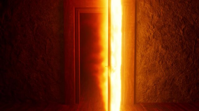 Wooden door burning intensely, flames consuming surface in dark room, revealing menacing hellish portal with overwhelming infernal energy and sinister supernatural atmosphere