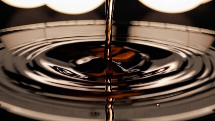 Slow-motion shot of thick dark syrup pouring into reflective pool, creating ripples and glossy texture, symbolizing indulgence, food styling, and cinematic liquid motion aesthetic