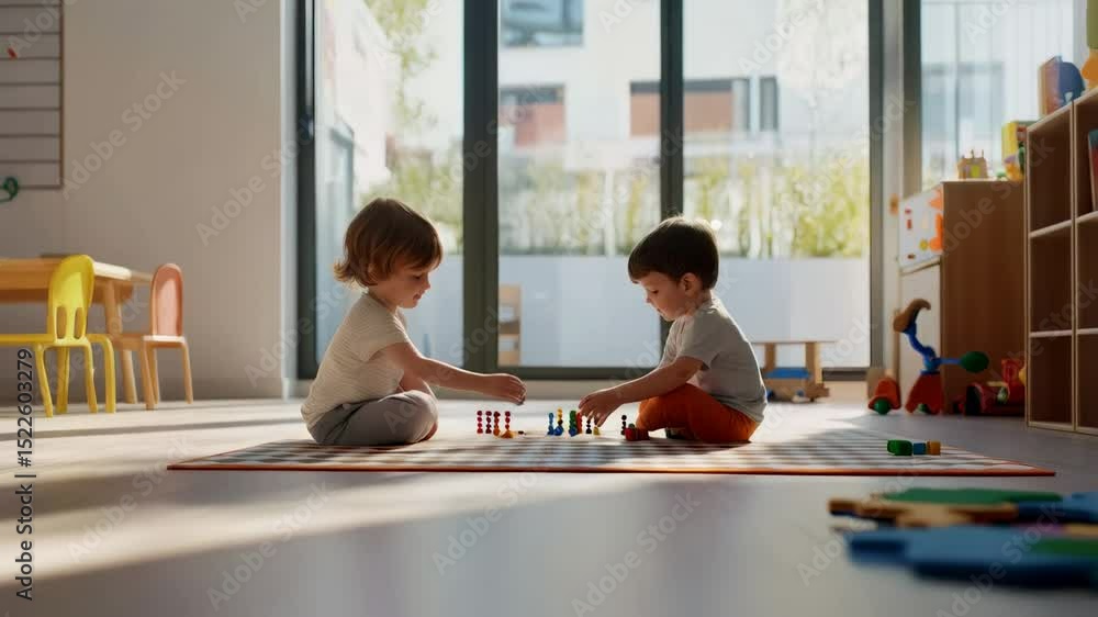 Poster Two adorable toddlers are sitting on a play mat, fully engaged in a strategy board game, developing their cognitive skills and enjoying quality playtime together in a bright, spacious room
