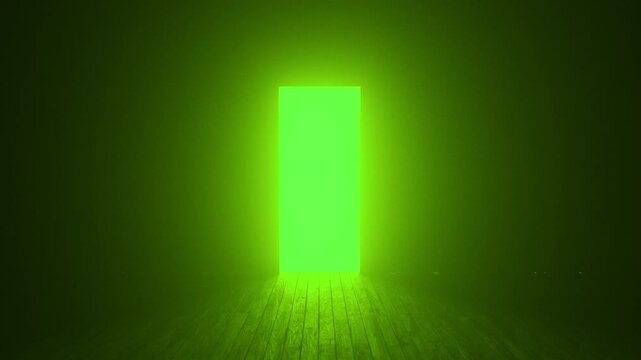 Mysterious green luminescence permeating darkened interior, wooden floor revealing ethereal doorway gradually parting, casting supernatural glow suggesting hidden passage into unknown realm