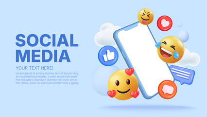 3d vector hand holding mobile with emoticon and bubble talk background template, icon and symbol, happy love fun laugh	
