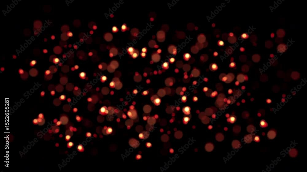 Poster loop abstract glow orange red bokeh particles flow motion on black background. 4k 3d animation of fi
