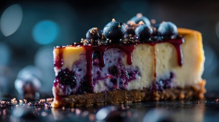 blueberry cheesecake slice with perfect glaze and soft lighting