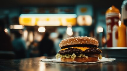 burger with cheddar and lettuce, blurry American diner background