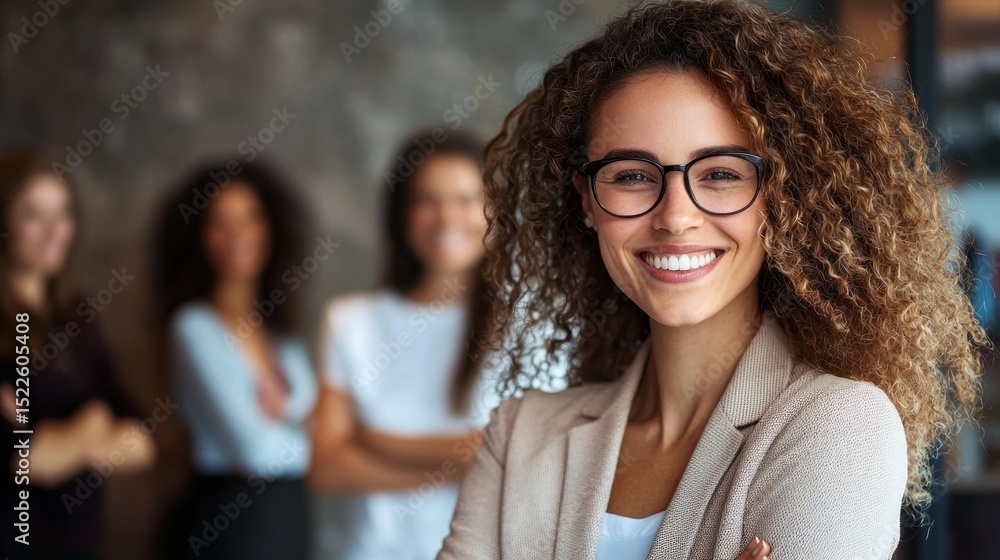 Poster smiling businesswoman poses confidently in modern office setting with colleagues in background