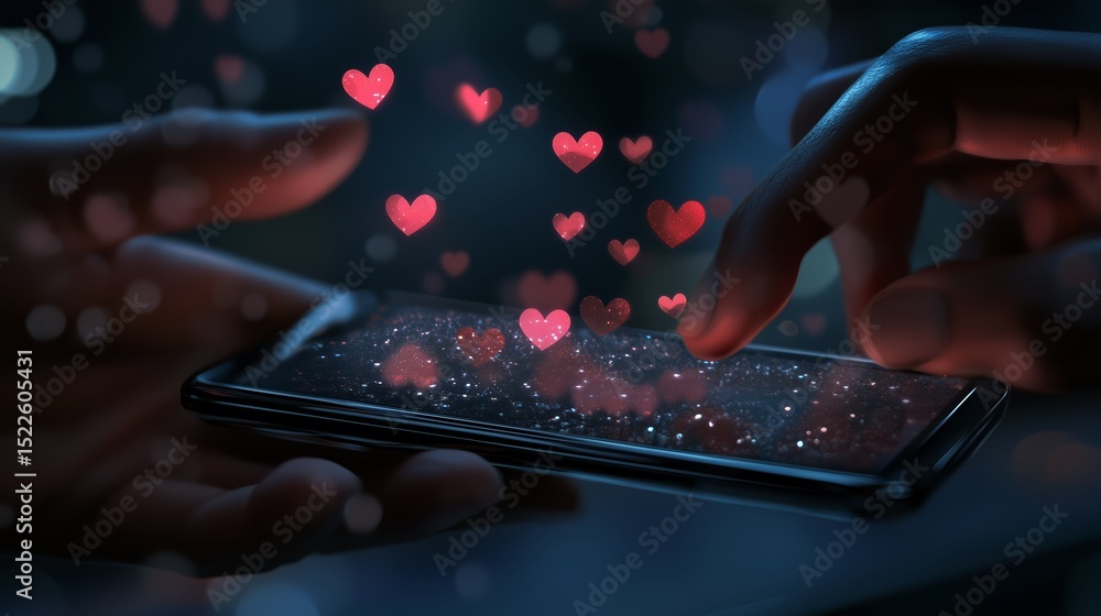 Poster touching a smartphone screen with floating hearts during a nighttime interaction of love and connect
