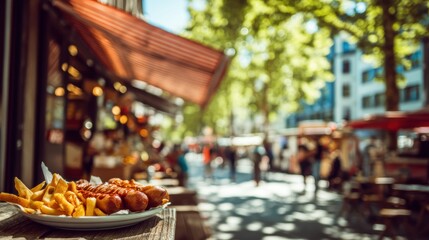 currywurst with fries on plate, blurry Berlin street food stall background
