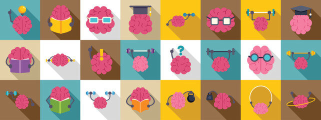 Train brain icons set. Brain training, learning, exercising and relaxing icons set illustrating various brain activities