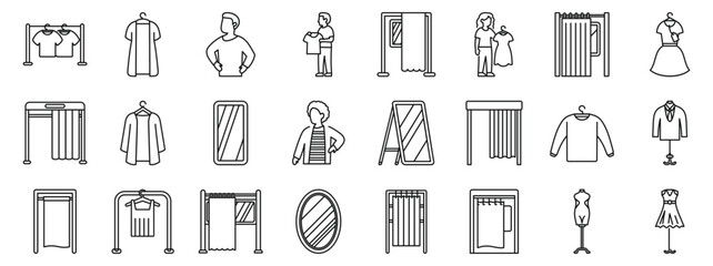 Fitting room icons set. Line icons representing customers trying on clothes, mirrors, fitting rooms, mannequins and hangers