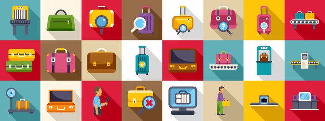 Luggage screening icons set. Colorful icons depicting various aspects of airport luggage handling, including security checks, baggage claim, and weight measurement