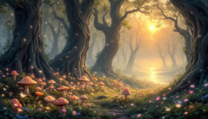 Fairy illuminated woodland, surreal fantasy art