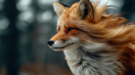 Naklejka premium flying red fox with wind-blown fur, blurry forest background