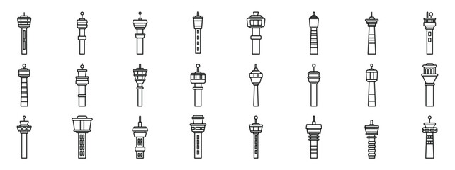 Airport control tower icons set. Airport control towers overseeing flight operations, guiding aircraft movements for efficient and secure air travel