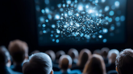 Audience watching a digital network visualization on a large screen in a dark auditorium.