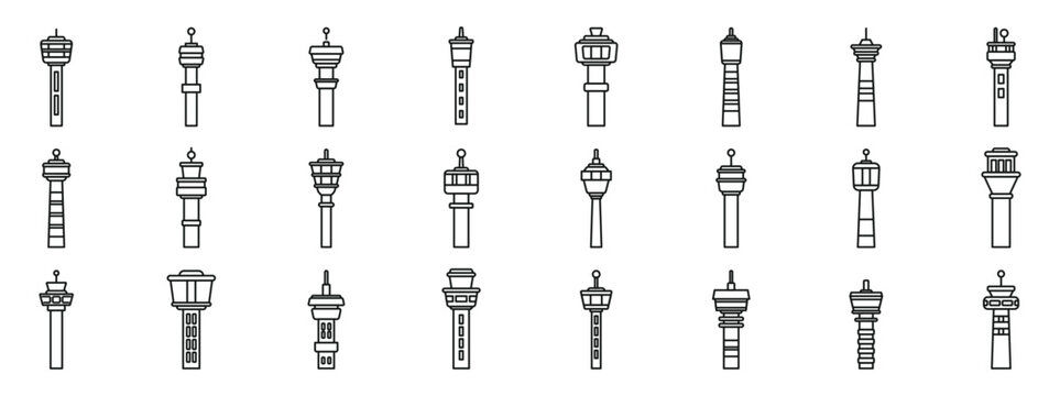 Airport control tower icons set. Airport control towers overseeing flight operations, guiding aircraft movements for efficient and secure air travel