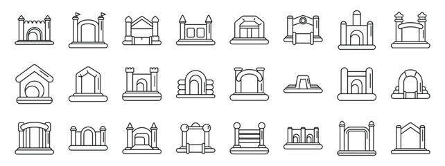 Inflatable bouncy house icons set. Various inflatable structures, including bouncy houses and castles, offer exciting playtime for kids