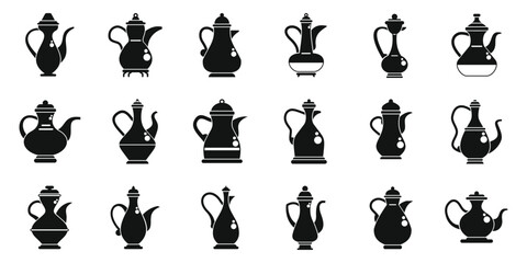 Old arabic teapot icons set. Black silhouettes of dallah coffee pots, showcasing arabian tradition and hospitality