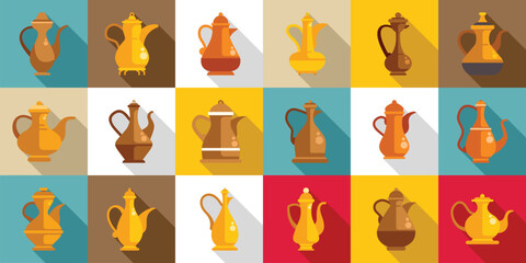Old arabic teapot icons set. Colorful flat design icons of teapots and coffee pots, showcasing diverse styles from around the world, ideal for representing tea and coffee culture