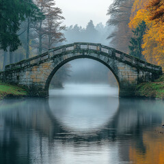 Fototapeta premium An arched bridge over a tranquil autumn lake.