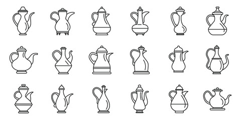 Old arabic teapot icons set. Presenting a collection of arabic coffee pots, showcasing various designs and styles of dallahs, highlighting the rich cultural heritage of coffee preparation