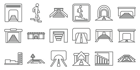 Underpass icons set. Line art icons representing various types of underground passages, subways, and pedestrian tunnels, emphasizing accessibility and urban infrastructure