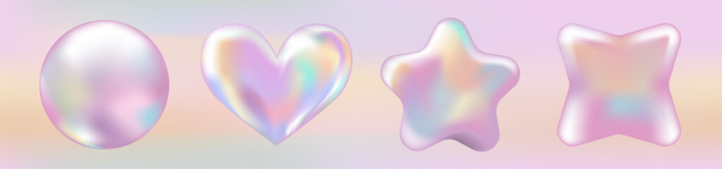 3D Pink Hologram Mockup set: stickers, labels, stamps with different shapes. Chrome abstract badge, certificate and coupon in Y2K style on Gradient background.