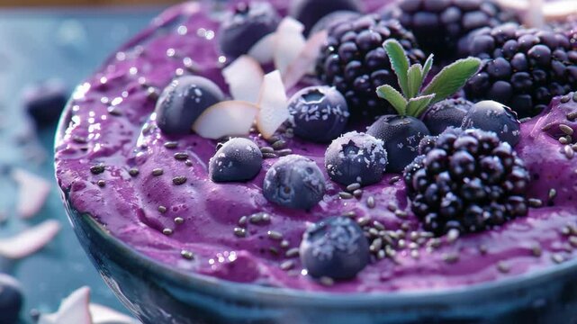 A bowl of acai berry smoothie topped with fresh purple and blueberries, drizzled with a natural sweetener, served chilled. A healthy and refreshing treat.