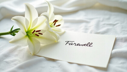 White lilies with farewell message on white fabric background  