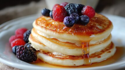 pancakes with berries and maple syrup, blurry cozy kitchen background