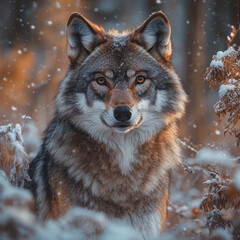 Naklejka premium A wolf in the snow, gazing into the distance.