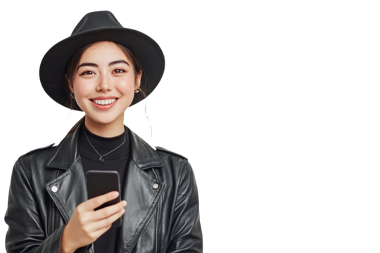 Portrait of a stylish woman smiling while holding a smartphone, wearing a hat and leather jacket, isolated against on PNG transparent and white background. Great for fashion, tech, lifestyle, social m