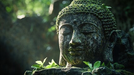 Obraz premium Weathered stone statue in lush green forest