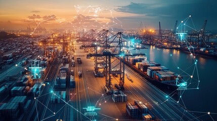 Fototapeta premium A high-tech shipyard with AI-powered crane systems loading freight, cyber-futuristic logistics operations
