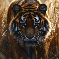 Obraz premium A tiger prowling through dense foliage in the wild.
